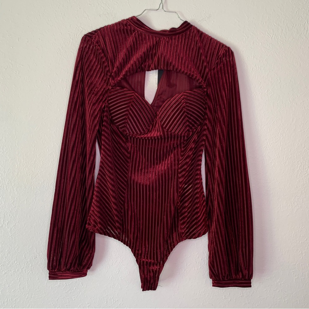 NWT Burgundy Striped Velvet Cutout  Bustier Bodysuit Size S